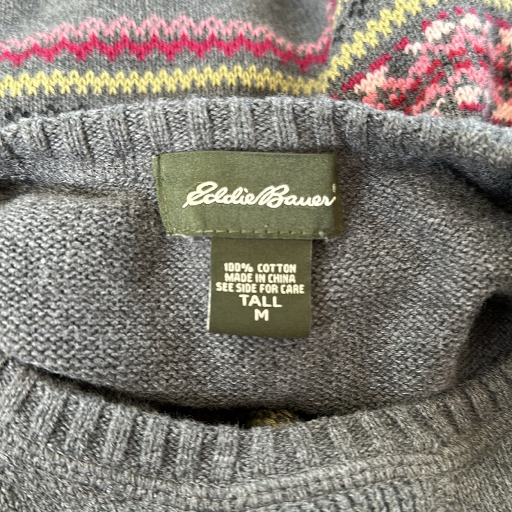 Eddie Bauer Gray Fair Isle Knit Cotton Crewneck Sweater Women's Medium Tall - Picture 6 of 6